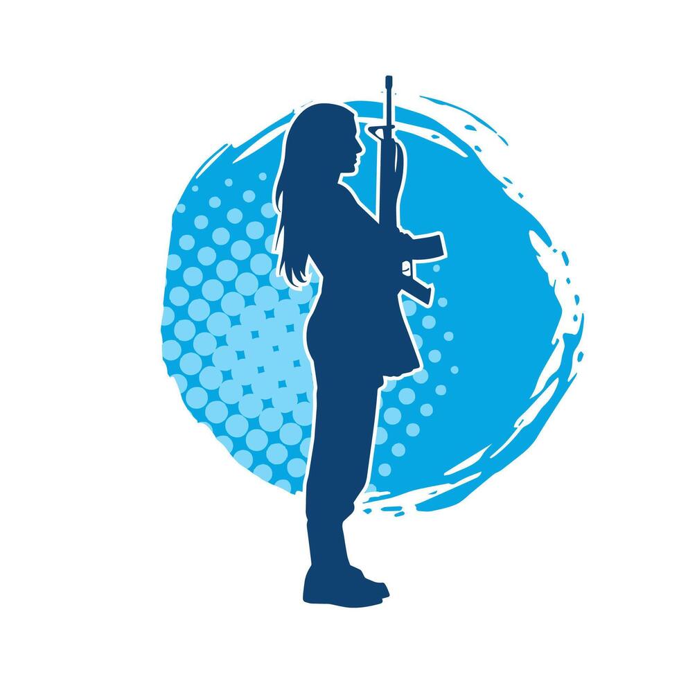 Silhouette of a female soldier carrying machine gun weapon. vector