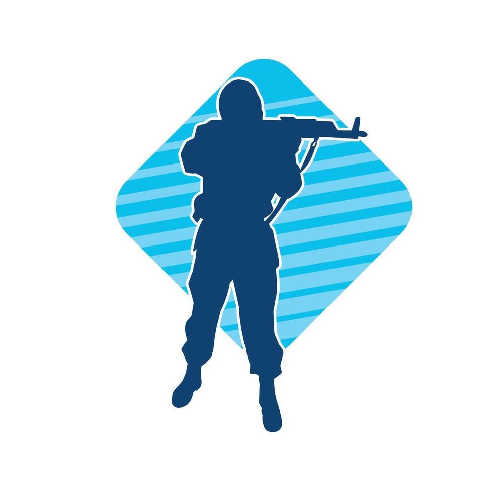 Silhouette of a male soldier carrying machine gun weapon. vector