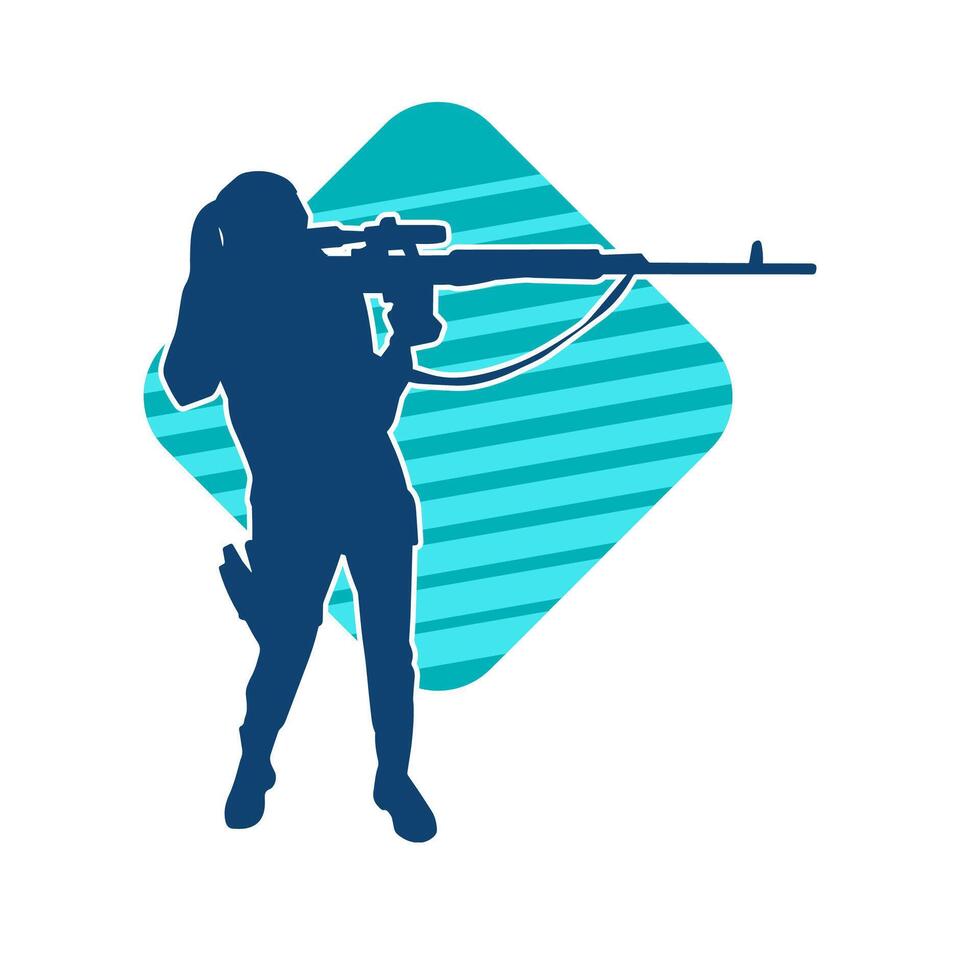 Silhouette of a female shooter firing with sniper long barrel rifle gun weapon vector