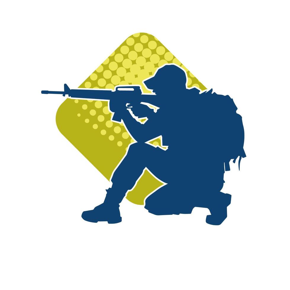 Silhouette of a male soldier carrying machine gun weapon. vector