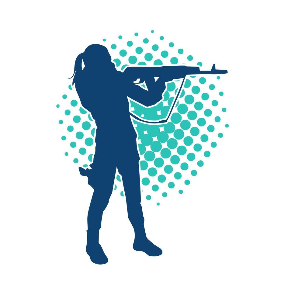 Silhouette of a female shooter firing with sniper long barrel rifle gun weapon vector