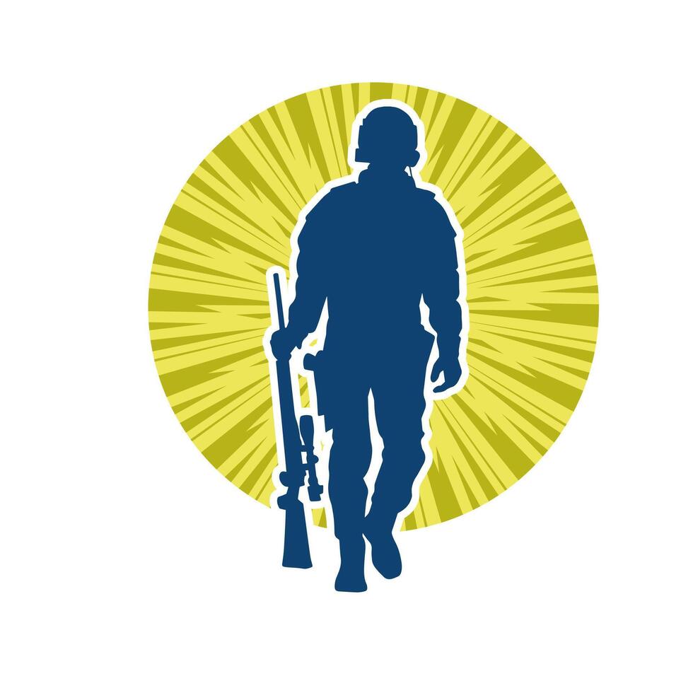 Silhouette of a male soldier carrying machine gun weapon. vector