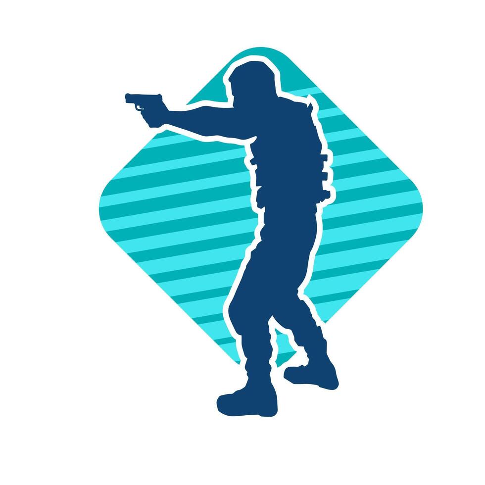 Silhouette of a male shooter wearing bulletproof vest in action pose using hand gun weapon vector