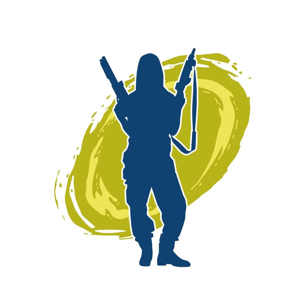 Silhouette of a female soldier carrying machine gun weapon. vector