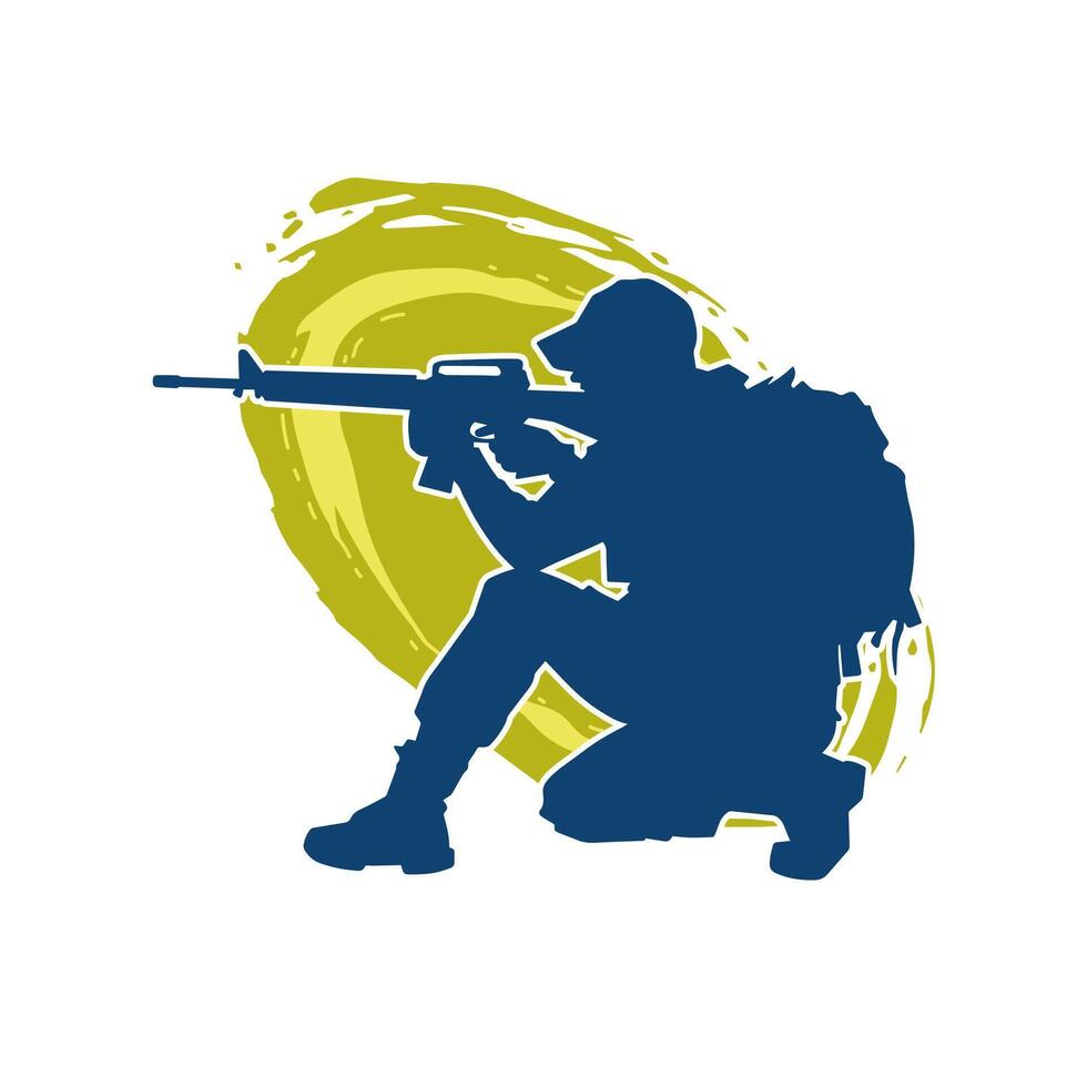 Silhouette of a male soldier carrying machine gun weapon. vector