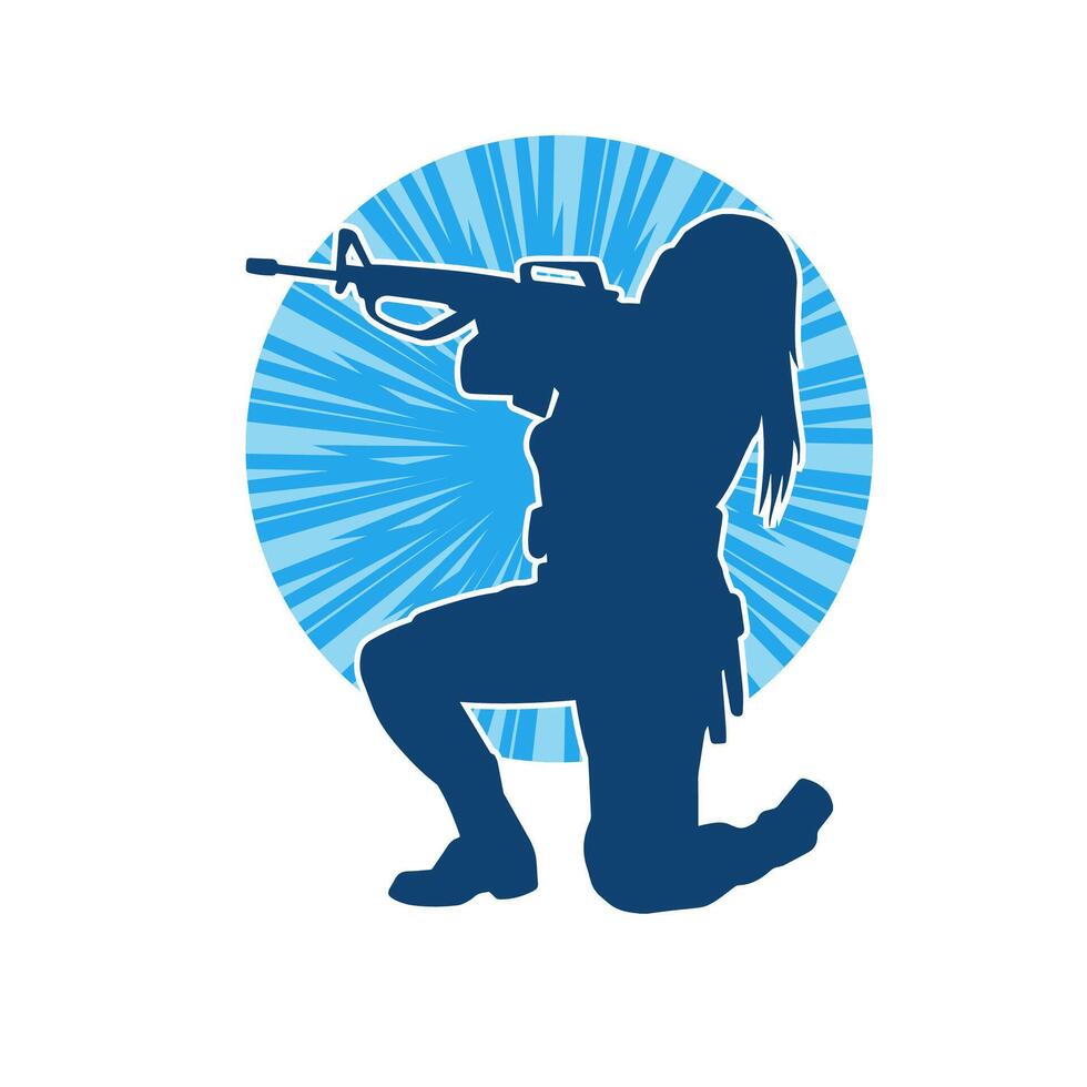 Silhouette of a female soldier carrying machine gun weapon. vector