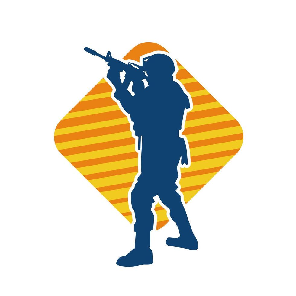 Silhouette of a male soldier carrying machine gun weapon. Silhouette of a sniper shooter in action. vector