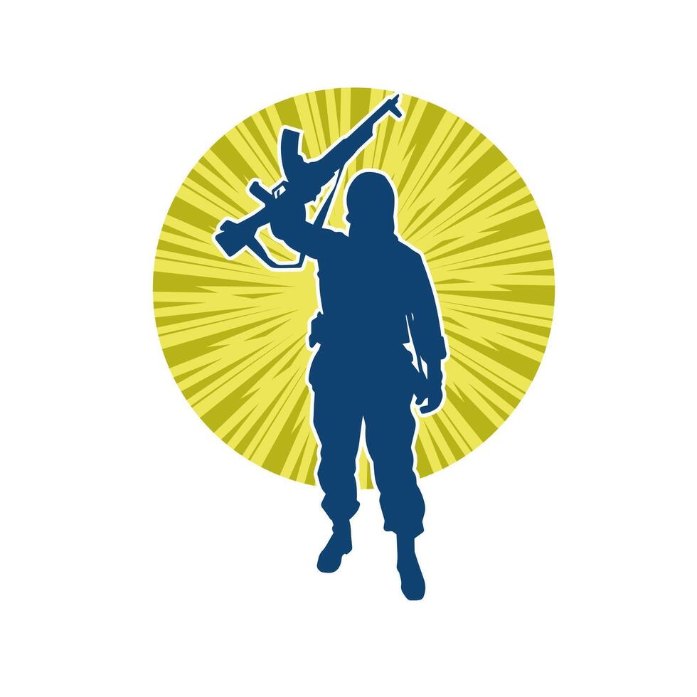 Silhouette of a female soldier carrying machine gun weapon. vector