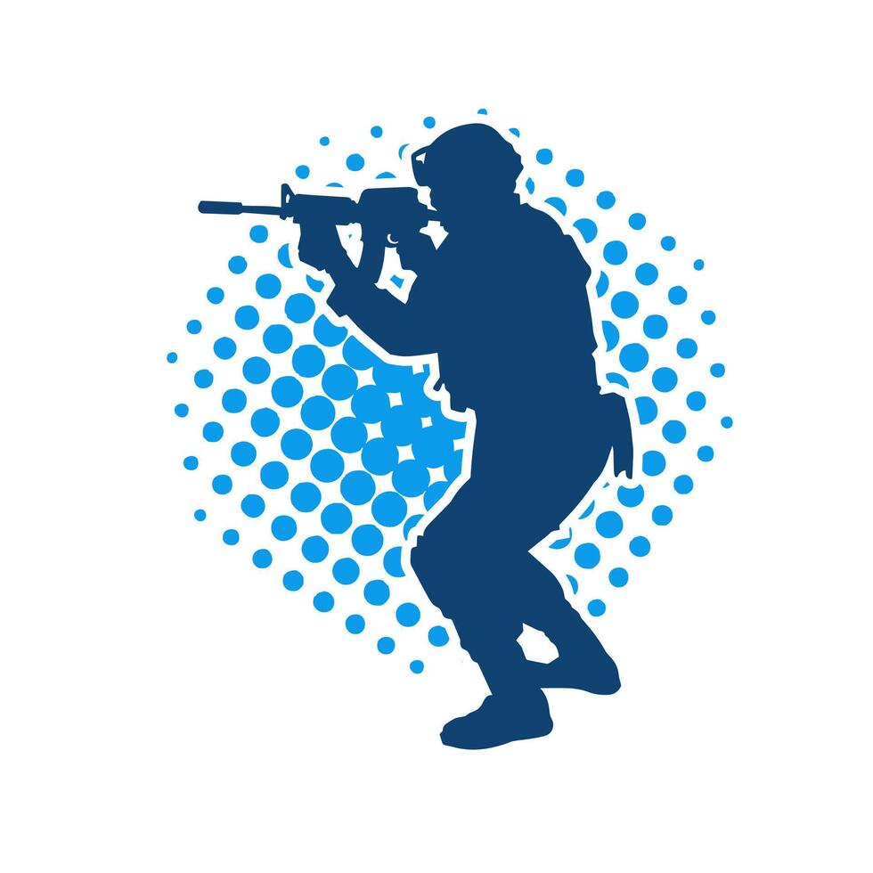 Silhouette of a male soldier carrying machine gun weapon. Silhouette of a sniper shooter in action. vector