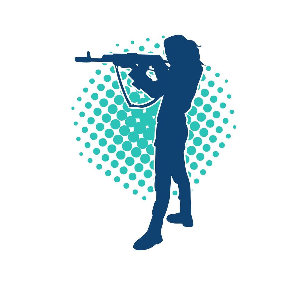 Silhouette of a female shooter firing with sniper long barrel rifle gun weapon vector