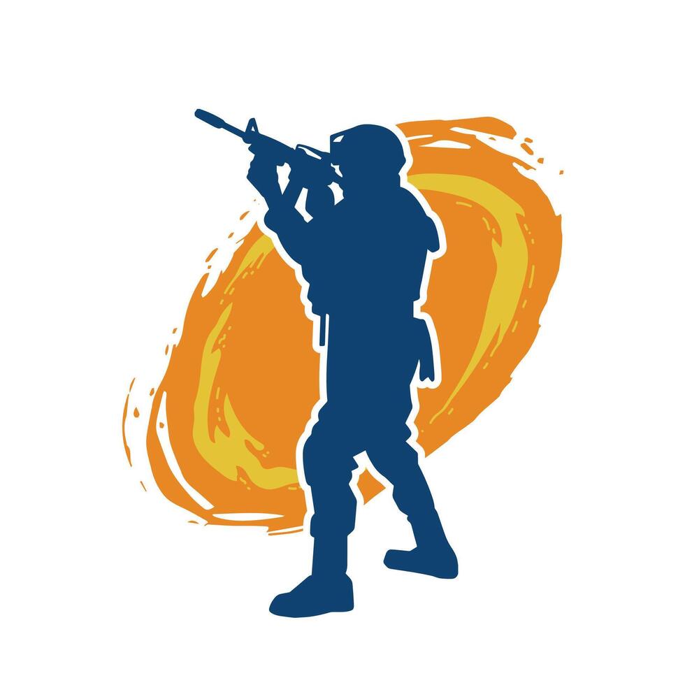 Silhouette of a male soldier carrying machine gun weapon. Silhouette of a sniper shooter in action. vector