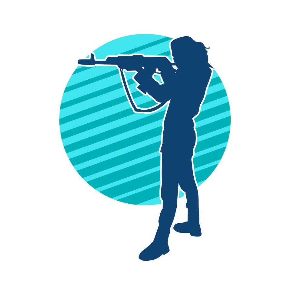 Silhouette of a female shooter firing with sniper long barrel rifle gun weapon vector