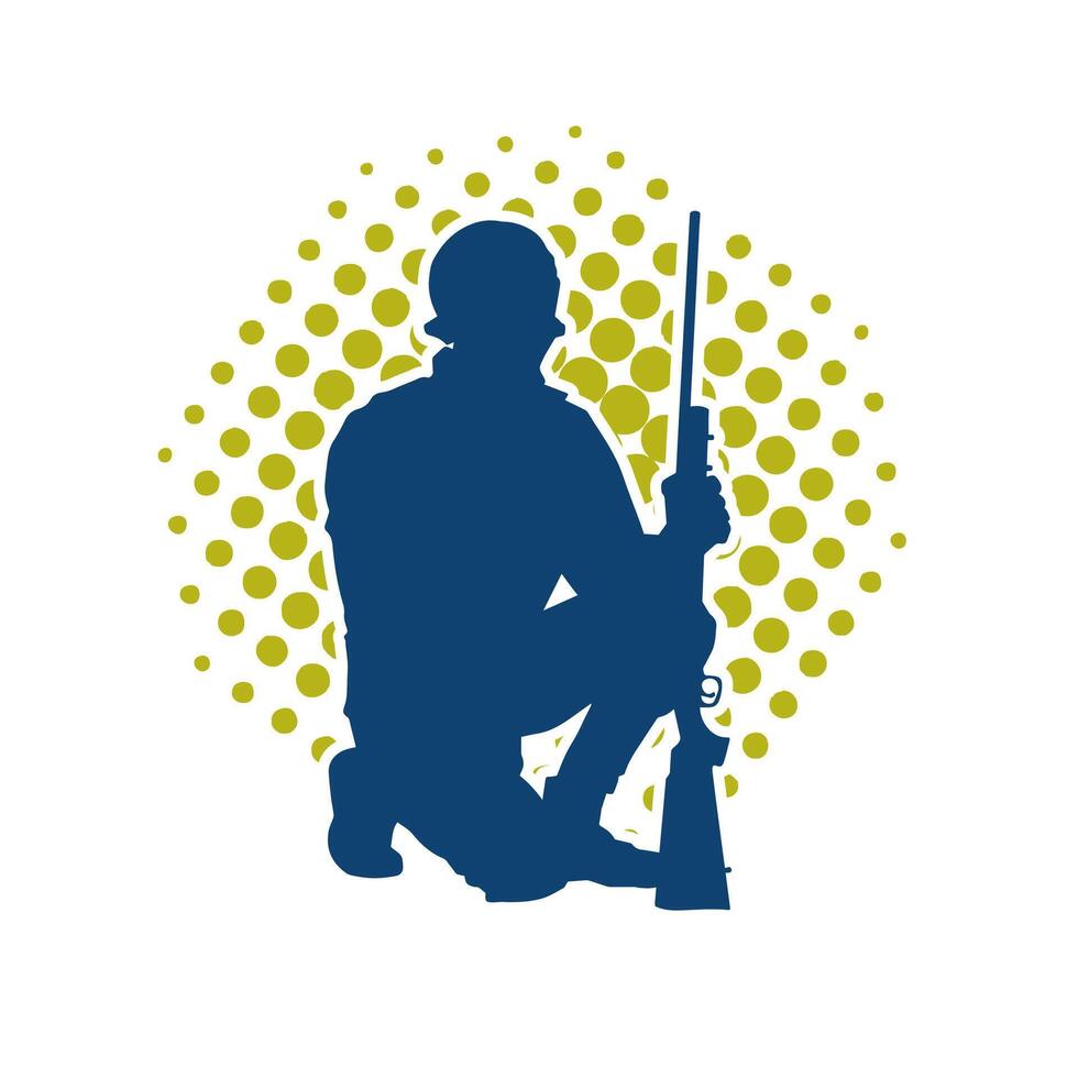 Silhouette of a male soldier carrying machine gun weapon. vector