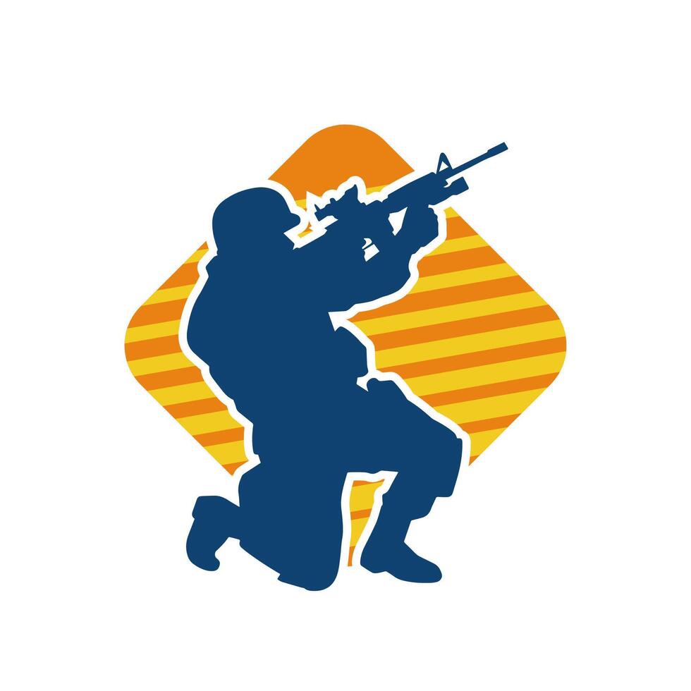 Silhouette of a male soldier carrying machine gun weapon. Silhouette of a sniper shooter in action. vector