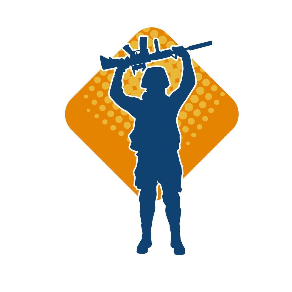 Silhouette of a male soldier carrying machine gun weapon. vector