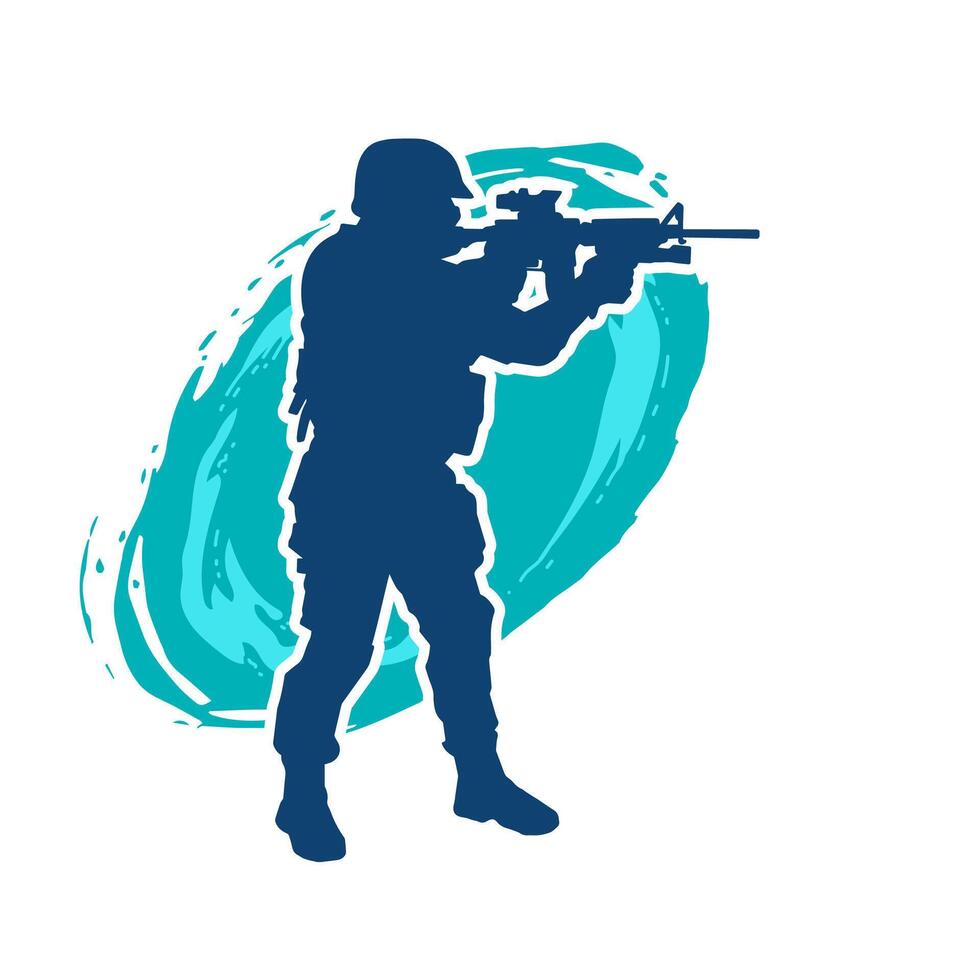 Silhouette of a male soldier carrying machine gun weapon. Silhouette of a sniper shooter in action. vector