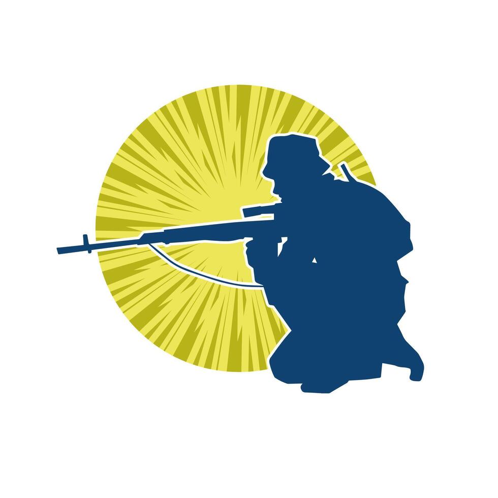 Silhouette of a male soldier carrying machine gun weapon. vector