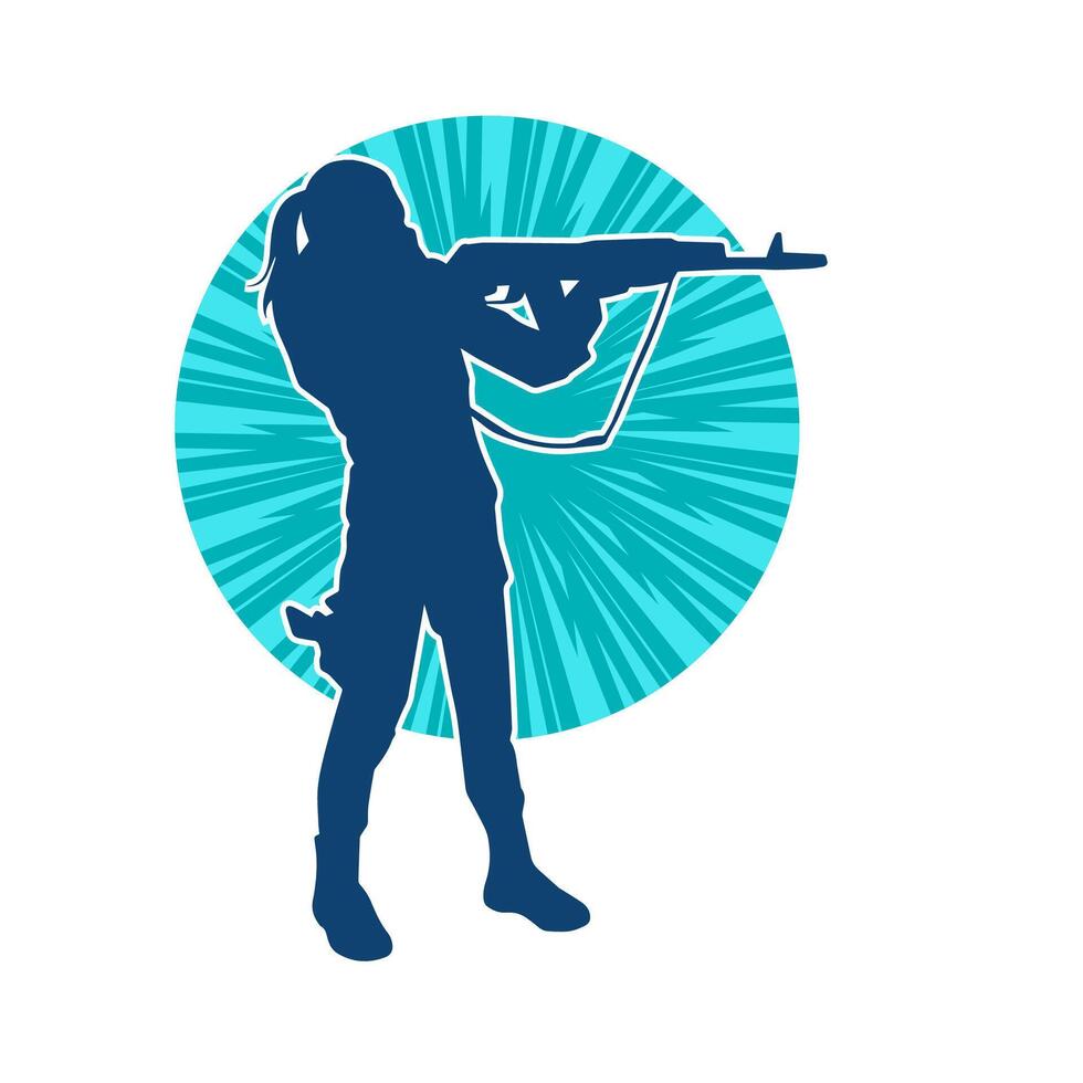 Silhouette of a female shooter firing with sniper long barrel rifle gun weapon vector