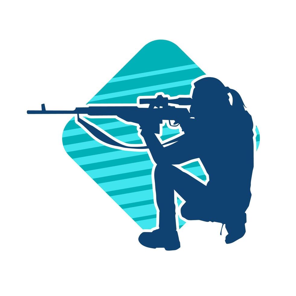 Silhouette of a female shooter firing sniper long barrel rifle gun weapon vector