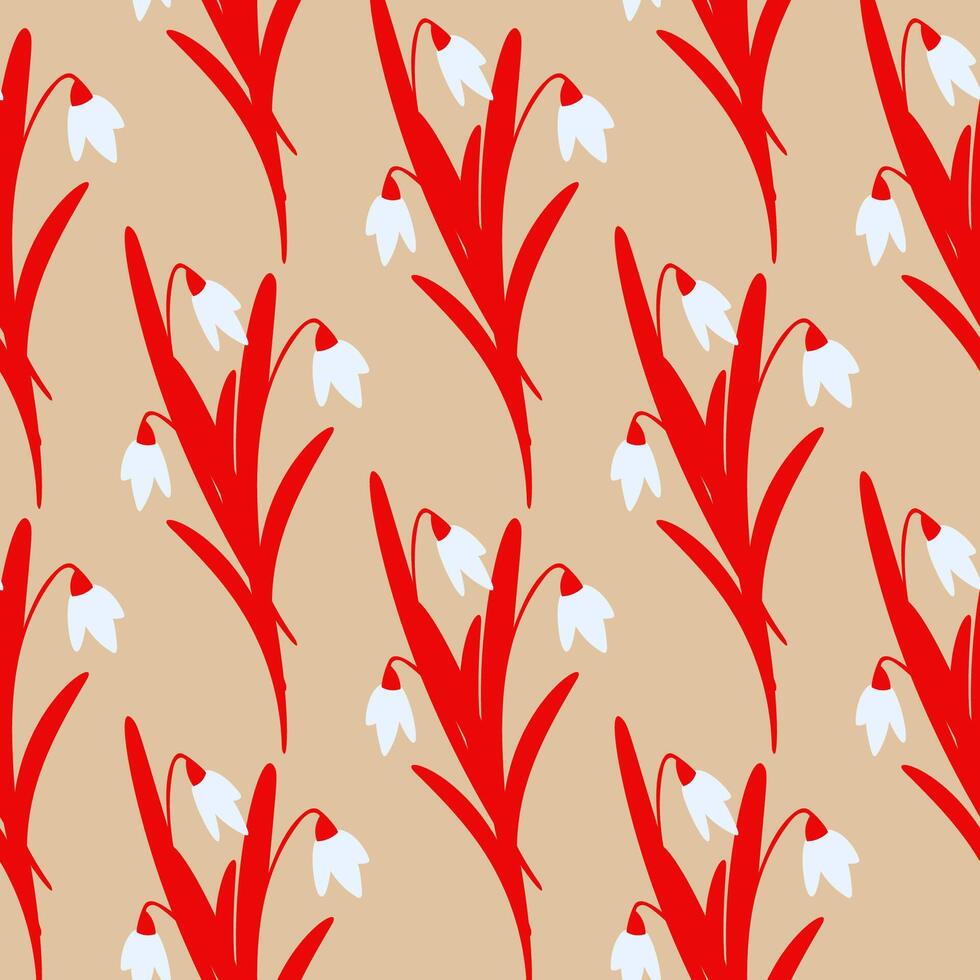 Seamless Pattern of Red Stylized Snowdrop Flowers on Beige Background vector