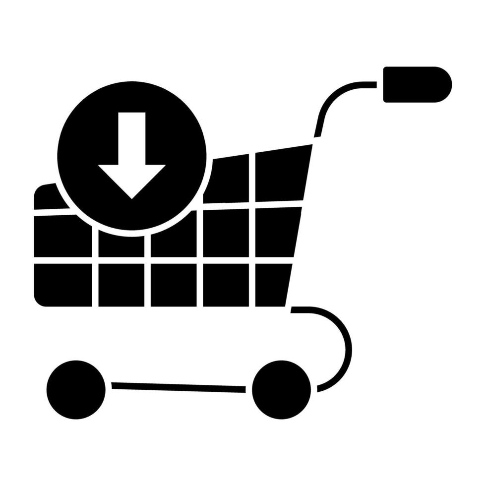 A premium download icon of shopping trolley with downward arrow, add to cart vector