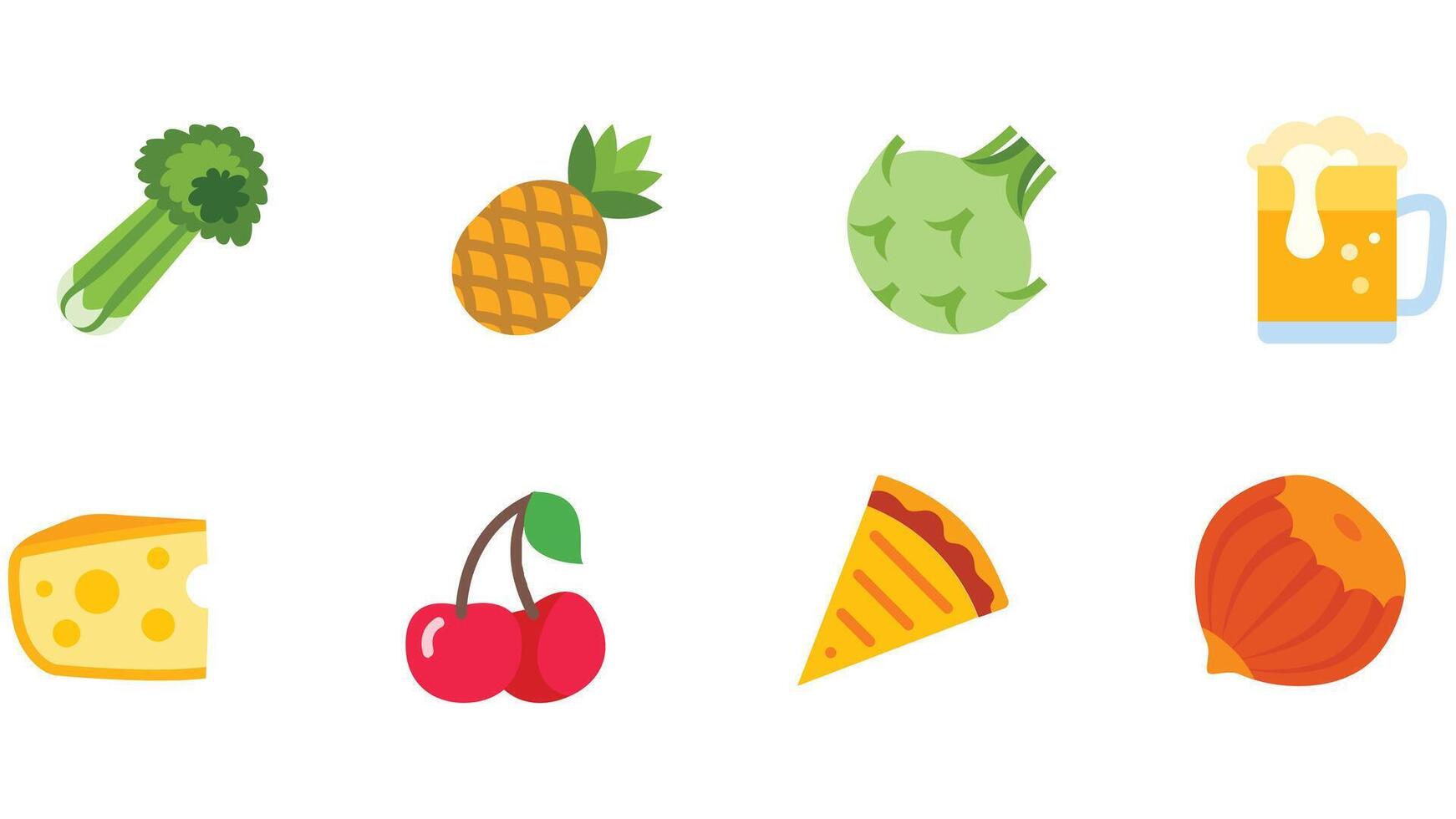 Food and fruits vector icon set for children stories and coloring books