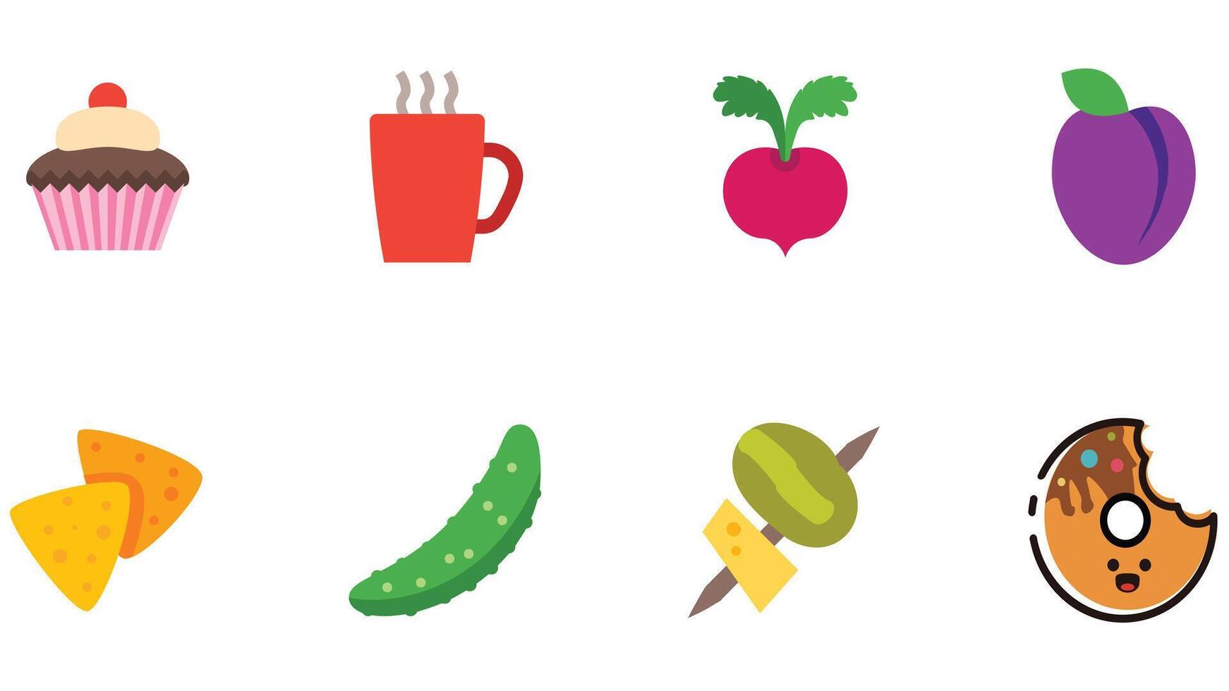 comida y frutas vector icono conjunto para niños cuentos y colorante libros