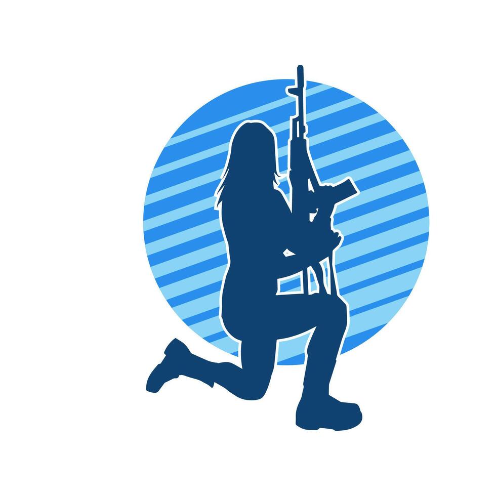 Silhouette of a female soldier carrying machine gun weapon. vector