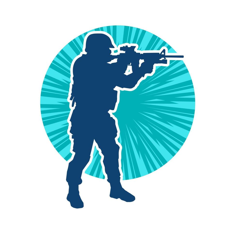 Silhouette of a male soldier carrying machine gun weapon. Silhouette of a sniper shooter in action. vector