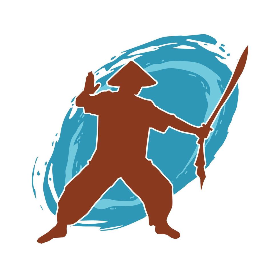 Silhouette of a male fighter in martial art costume carrying katana sword weapon. vector