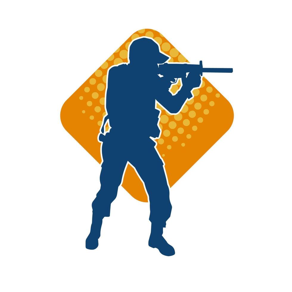 Silhouette of a male soldier carrying machine gun weapon. vector