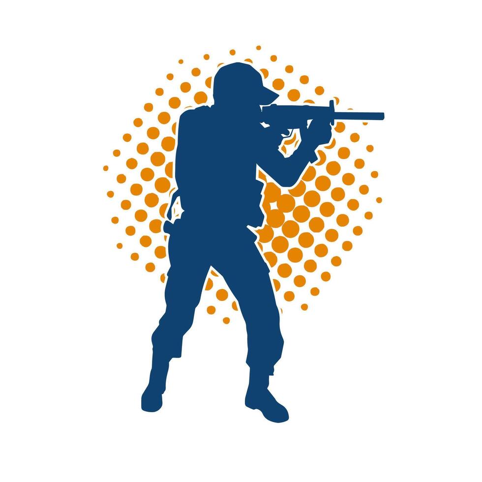 Silhouette of a male soldier carrying machine gun weapon. vector