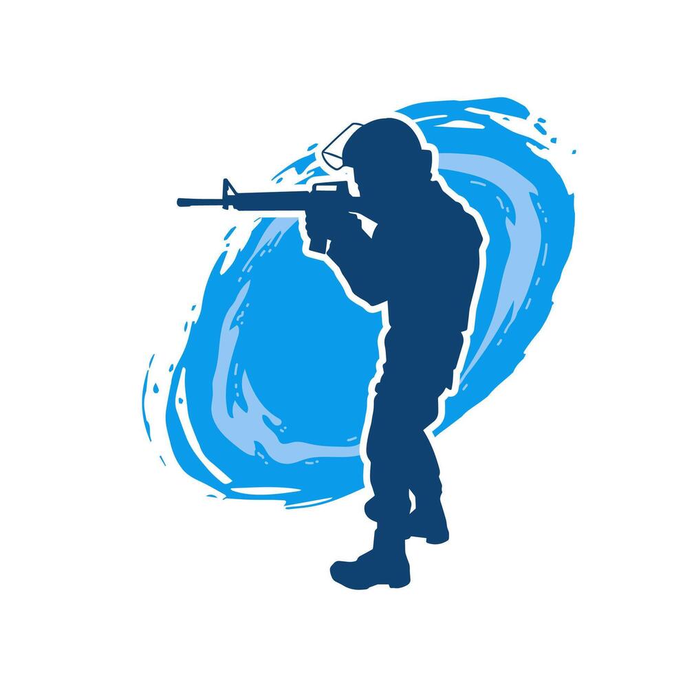 Silhouette of a male soldier carrying machine gun weapon. Silhouette of a sniper shooter in action. vector