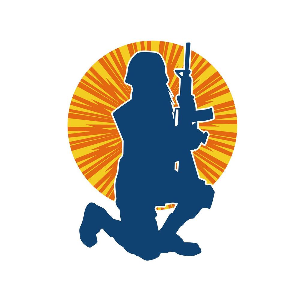 silueta de un hembra soldado que lleva máquina pistola arma. vector