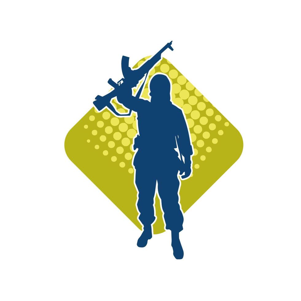 Silhouette of a male soldier carrying machine gun weapon. vector