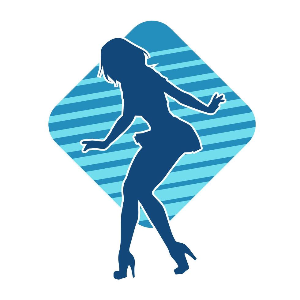 Silhouette of a female dancer wearing mini skirt in action pose. Silhouette of a slim woman dancing happily. vector