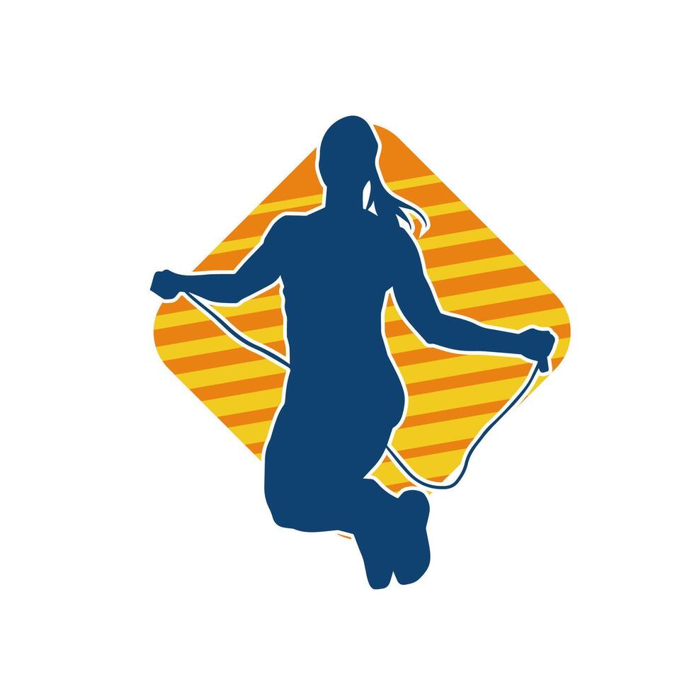 Silhouette of a slim sporty woman doing jump rope workout. vector