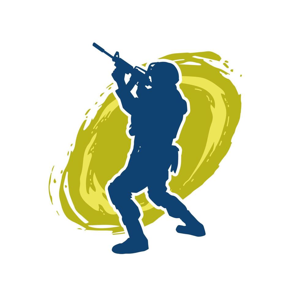 Silhouette of a male soldier carrying machine gun weapon. Silhouette of a sniper shooter in action. vector