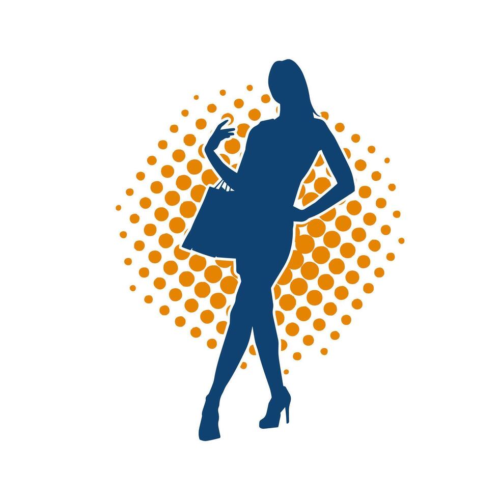 Silhouette of a slim young woman carrying shopping bags. vector