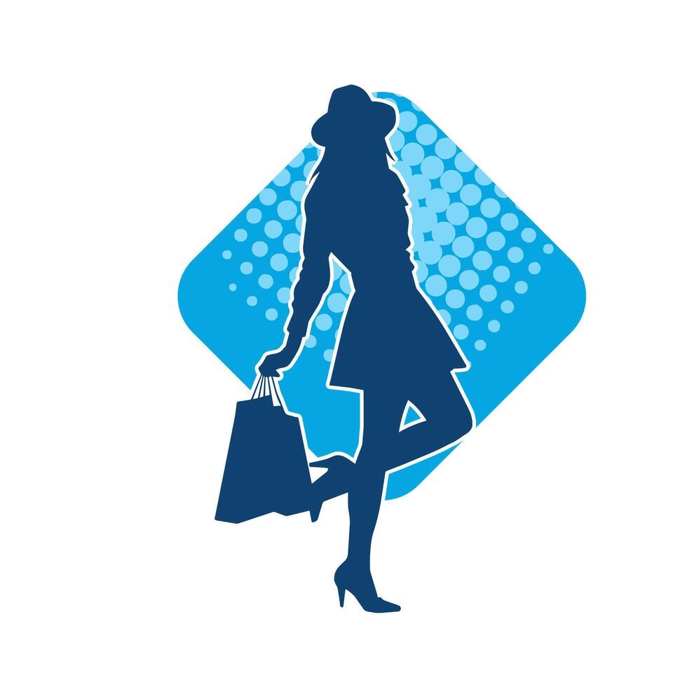 Silhouette of a slim young woman carrying shopping bags. vector