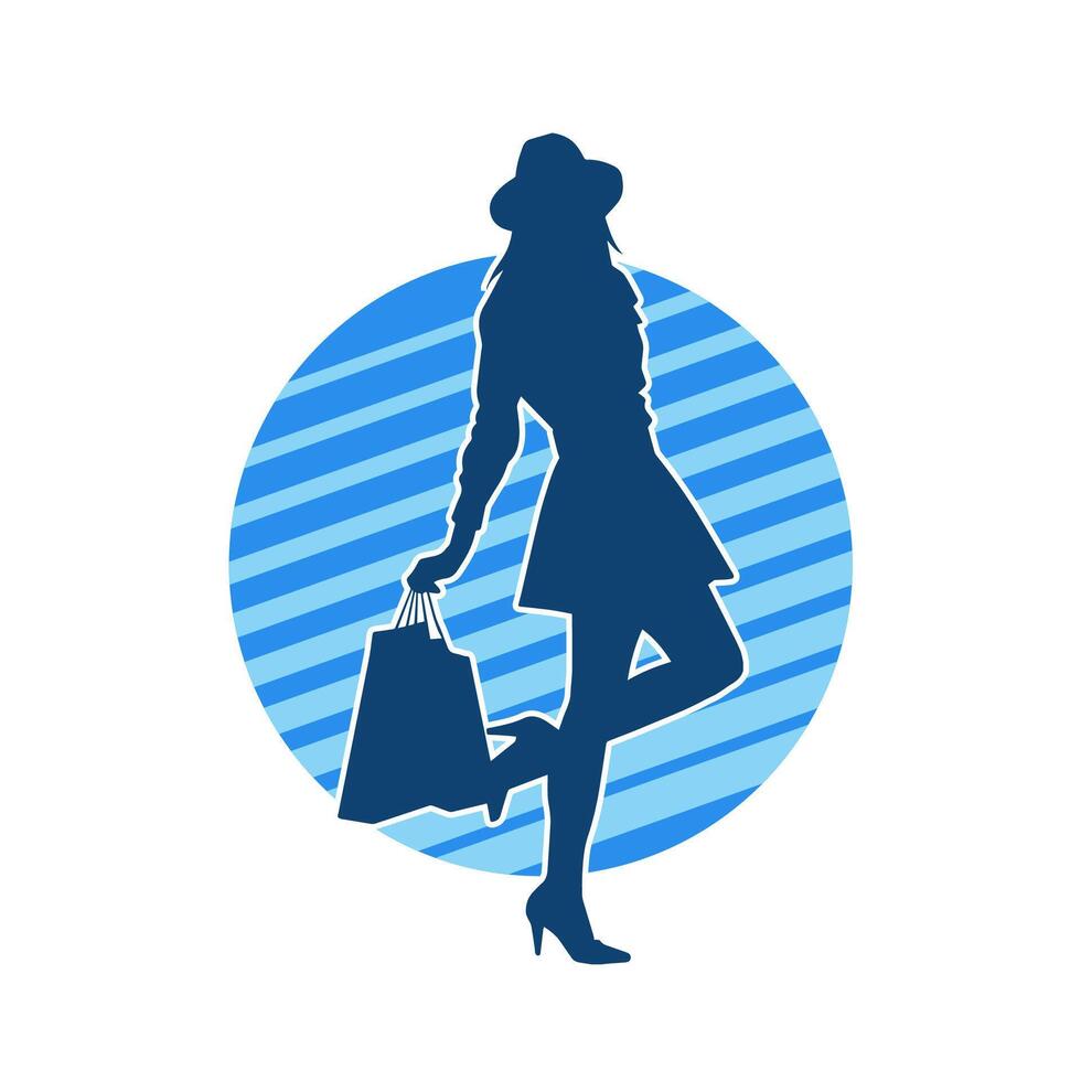 Silhouette of a slim young woman carrying shopping bags. vector