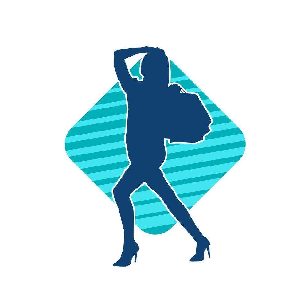 Silhouette of a slim young woman carrying shopping bags. vector