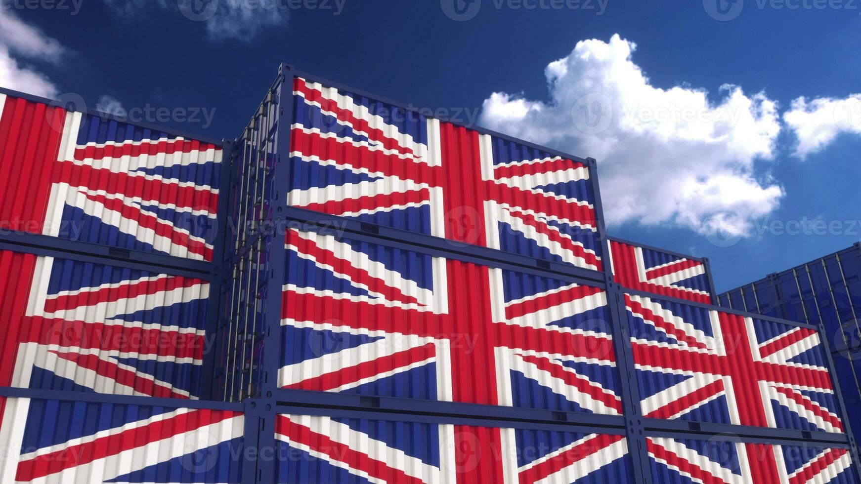 United Kingdom export or import concept. United Kingdom flag containers are located at the container terminal. 3d illustration photo