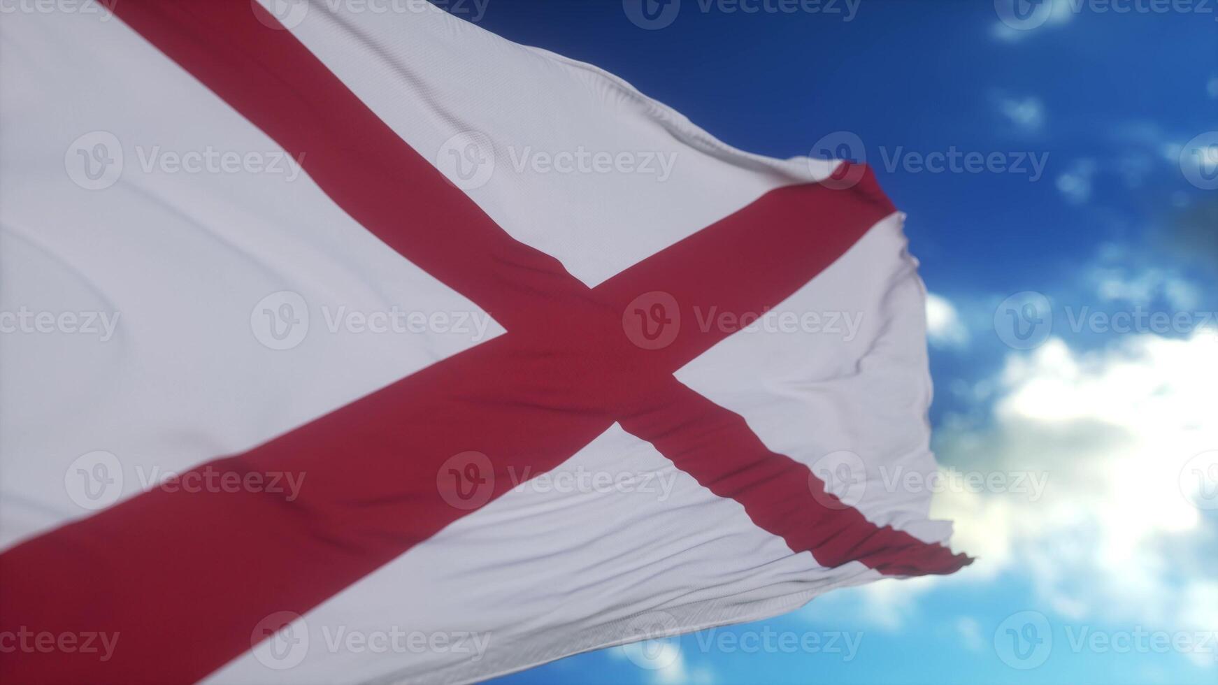 Alabama flag on a flagpole waving in the wind in the sky. State of Alabama in The United States of America. 3d illustration photo