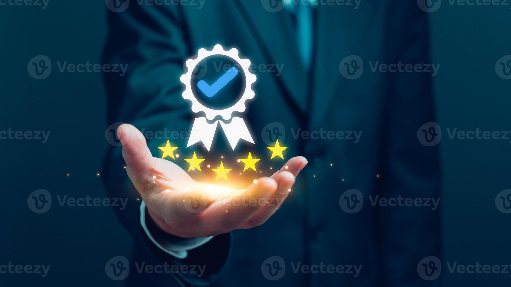 Businessman presents a glowing five-star rating and quality assurance certificate badge, certificate service excellence. Best warranty ISO standard and guarantee review. Business Marketing photo