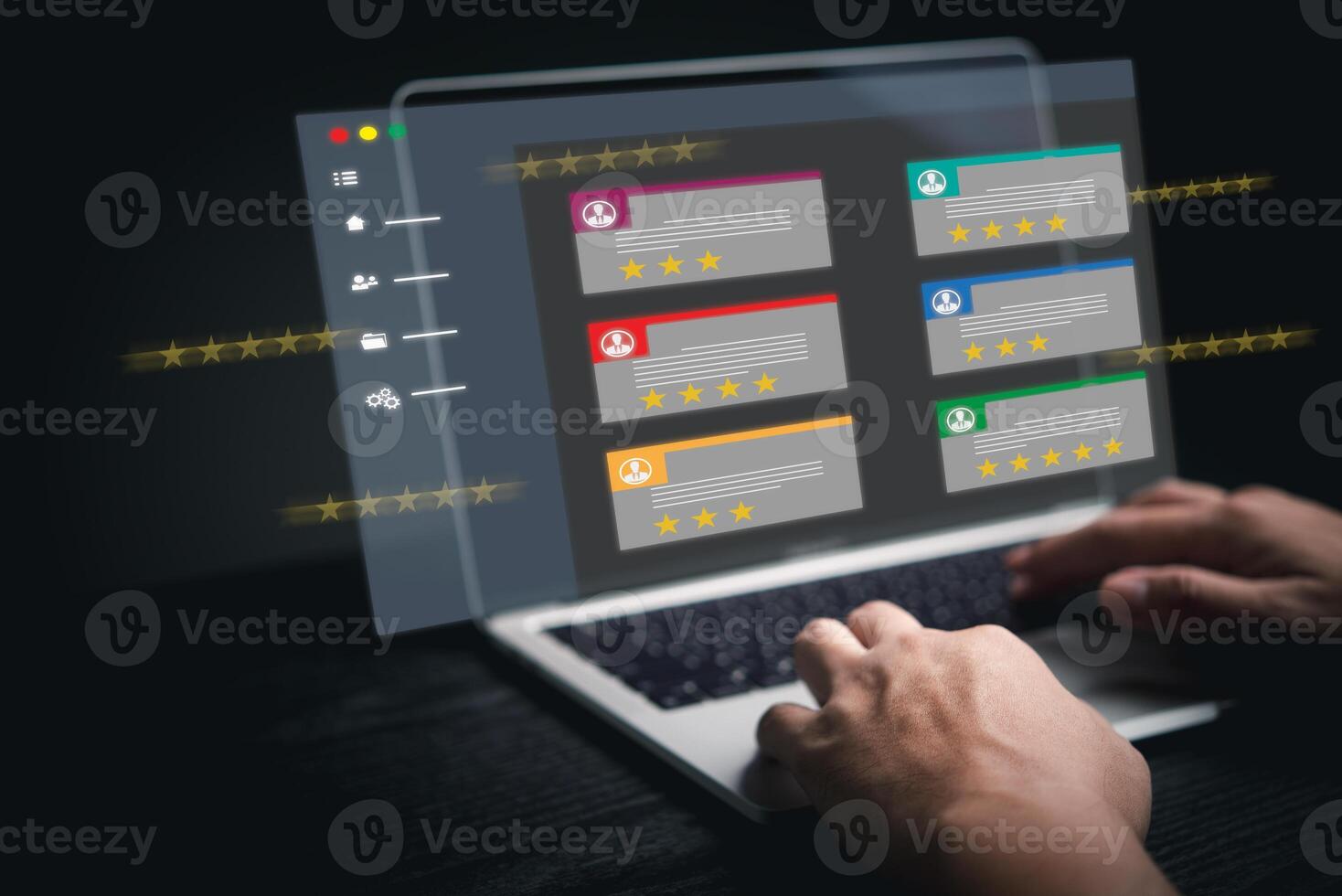 Businessman using laptop digital interface feedback review stars rating online internet survey assessment quality consumer or e-commerce service evaluation satisfaction photo