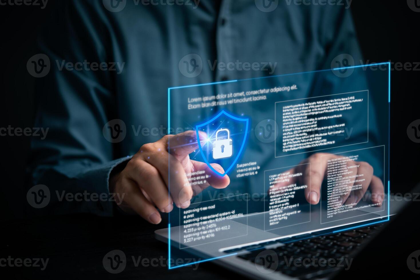 Businessman using laptop computer password cyber security identity theft and cloud network system application information privacy internet online protection. photo
