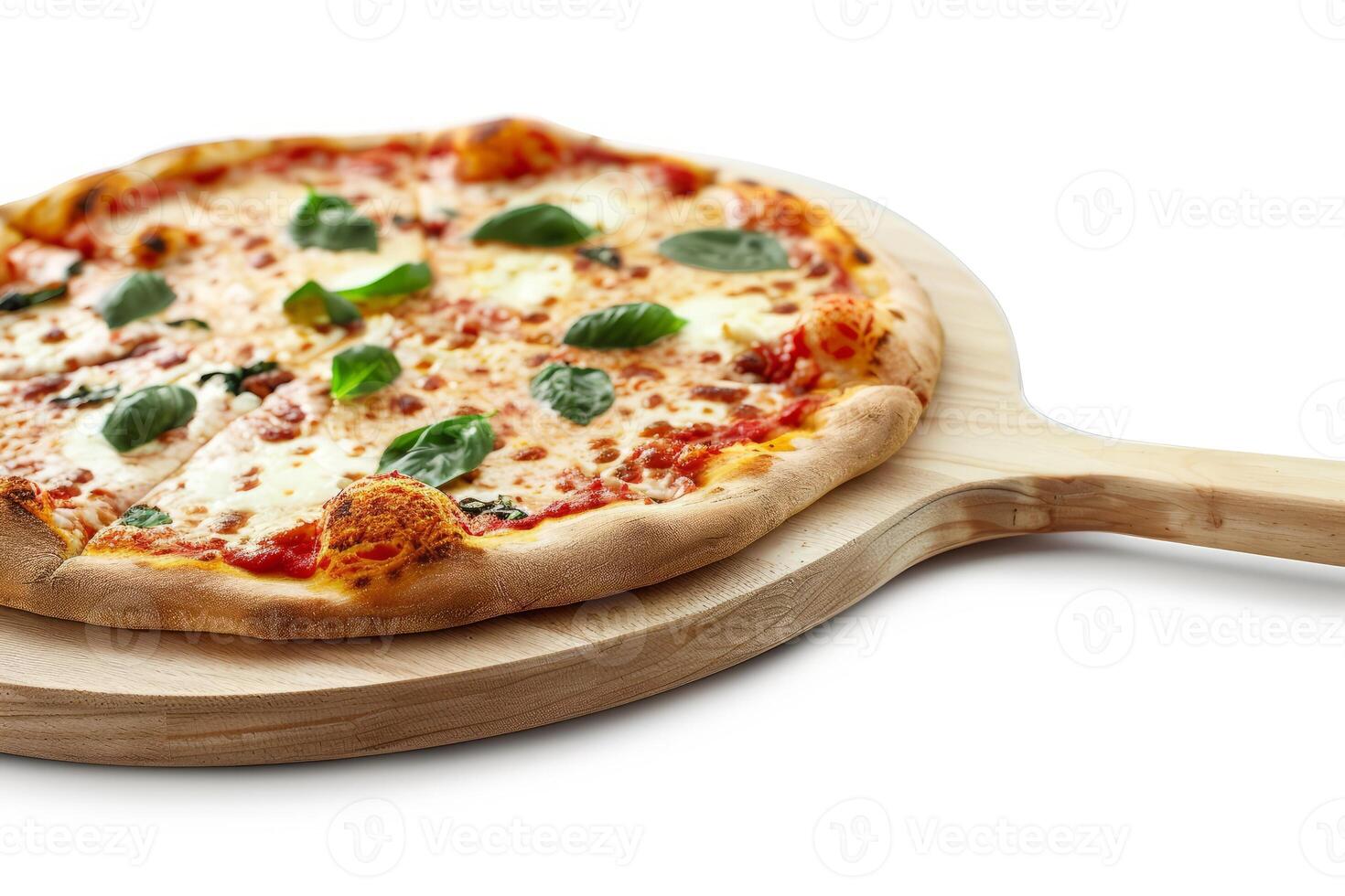 AI generated Baked cheese pizza with basil on a wooden board photo