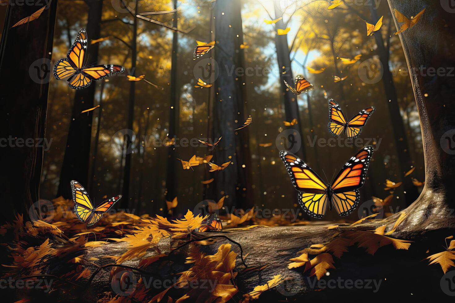 AI generated Big group of stylized yellow monarch butterflies flying in a natural forest environment, AI generated photo