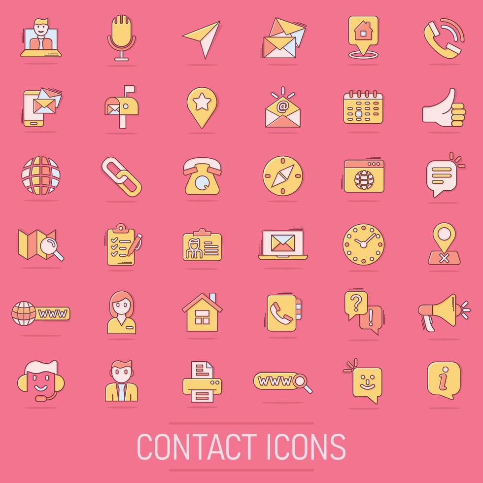 Contact us icon set in comic style. Mobile communication cartoon vector illustration on isolated background. Phone call splash effect business concept.